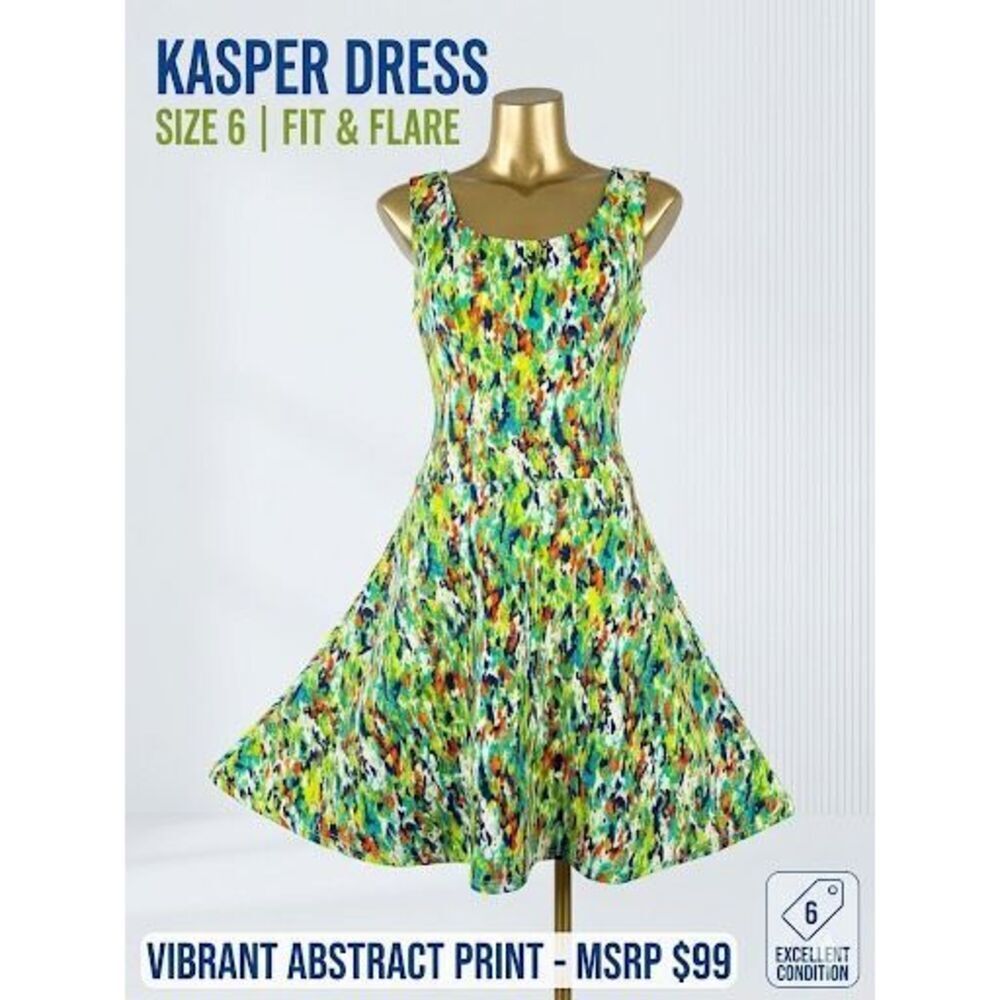 Kasper Vibrant Fit & Flare Dress Lime Green Orange Abstract Splatter Print 6